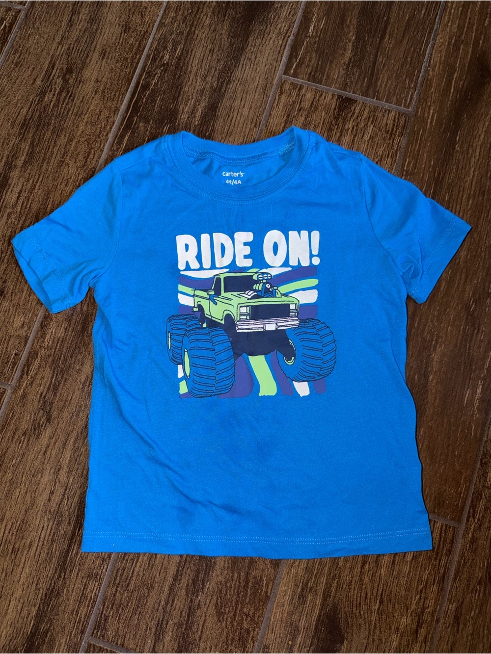 Carter's Blue Tee with Green Monster Truck "Ride On!" Graphic